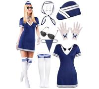 Mepase 8 Pcs Women Flight Attendant Costume Outfits Accessories Halloween Retro Airline Stewardess Outfit for Women Ladies Cosplay Halloween Party