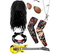 Mepase 9 Pcs Halloween Rocker Costume Set for Men Women, 80s Punk Costume Accessories for Halloween Cosplay Party, Classic Colors, One size