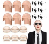 Mepase Bald Caps with Glasses for Adult Men Nylon Bald Head Wig Cap Can Be Cut for Halloween Music Festivals Concerts Cosplay(12.9 x 7.48 Inch,6 Pair)
