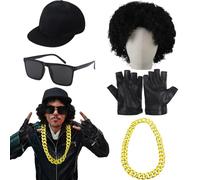 Mepase Halloween 80s Rapper Costume Accessories Include Cap Afro Wig Sunglasses Gold Chain Necklace Gloves for Men Women 80s 90s Cosplay