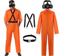 Mepase Halloween Costume Orange Prison Inmate Jumpsuit with Helmet Mask for Men Scary Game Cosplay Party Outfits(S)