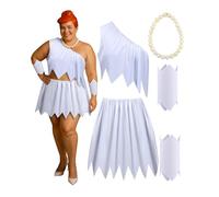 Mepase Plus Size 5 Pack Cave Woman White Costume Set for Women, Prehistoric Retro Cosplay Outfit with Pebble Necklace, Classic Cartoon Style Halloween Party Dress, Vintage Animated Character Look