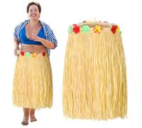 Mepase Plus Size Hula Skirt for Adults Women Simulation Raffia Grass with Flowers 54" x 30" Adjustable Hawaiian Skirt, Brown, Classic