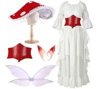 Mepase Renaissance Medieval Costume with Mushroom Hat Cinch Belt Fairy Elf Ear Fairy Butterfly Wings Costume for Cosplay(2XL/3XL)