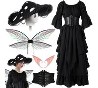 Mepase Renaissance Medieval Costume with Mushroom Hat Cinch Belt Fairy Elf Ear Fairy Butterfly Wings Costume for Cosplay(Black,Xxl/xxxl)