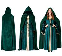 Mepase Women Halloween Renaissance Velvet Dress with Medieval Hooded Cloak Cape Robe Witch Vampire Costume Irish Gothic(X-Large)