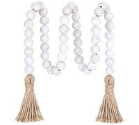 Meplait 39in Wood Bead Garland with Tassels, Farmhouse Rustic Decor Prayer Beads Boho Tassel Garland Wall Hanging Home Decor (Wash White)