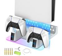 MEQI PS5 Wall Mount Kit Accessories with Charging Station, Metal Wall Hanging Stand with Multi-Mode RGB Light for Playstation 5/PS5 Slim/PS5 Pro Console Disc/Digital versions