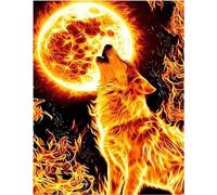 MeQix 5D Diamond Painting Kits, Round Diamond Moon Fire Roaring Wolf,Diamond Art Kit, Diamond Art Kits Adults, Diamond Pictures Arts Craft for Home Decor 30 * 40cm
