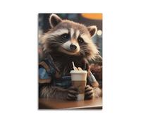 MEQKTQIMA Animal Realistic Style Coffee Raccoon Artwork Decorative Painting Canvas Wall Posters And Modern Family Bedroom Decor 20x30inch(50x75cm)
