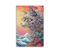 MEQKTQIMA Animal Ukiyo E Style Cat By Waves Artwork Decorative Painting Canvas Wall Posters And Modern Family Bedroom Decor 12x18inch(30x45cm)