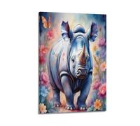 MEQKTQIMA Animal Watercolor Style Rhino Among Flowers Artwork Decorative Painting Canvas Wall Posters And Modern Family Bedroom Decor 12x18inch(30x45cm)