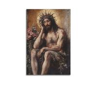 MEQKTQIMA Christian Poster Oil Style Wounded Jesus With Roses Decorative Painting Canvas Wall Posters And Modern Family Bedroom Decor 12x18inch(30x45cm)