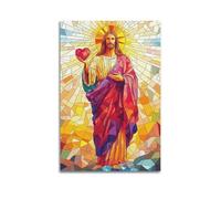 MEQKTQIMA Christian Poster Stained Glass Style Jesus With Heart Decorative Painting Canvas Wall Posters And Modern Family Bedroom Decor 12x18inch(30x45cm)