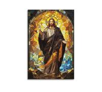 MEQKTQIMA Christian Poster Stained Glass Style Jesus With Outstretched Hands Decorative Painting Canvas Wall Posters And Modern Family Bedroom Decor 24x36inch(60x90cm)