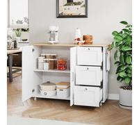 Merax 135cm Rolling Kitchen Island Trolley with Foldable Worktop & 3 Drawers in White Merax White
