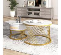 Merax 2 Piece Round Marble Effect Coffee Table Set with Drawer in White Merax White
