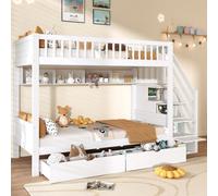 Merax 3 Ft Single Bunk Bed 90X190 Cm, Wooden High Sleeper Bed With 2 Drawers, Storage Staircase Shelves, Children's Bed, White