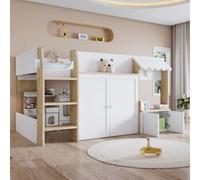Merax 3Ft High Sleeper Bed 90 X 190 Cm, Wooden Kids Bed With Storage Cabinet, Three-Step Ladder And Guardrails, White + Natural