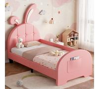 Merax 3Ft Single Bed 90X190 Cm, Rabbit Ear Upholstered Bed With Storage Pocket, Pu Leather, Children's Bed, Pink