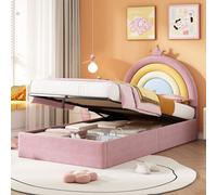 Merax 3Ft Single Bed 90X190 Cm, Velvet Upholstered Bed With Hydraulic Storage, Adjustable Rainbow Headboard & Crown, Pink