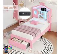 Merax 3Ft Single Bed 90X190 Cm, Velvet Upholstered Bed With Led Storage Headboard, Drawer, Usb, Type-C & Crown Detail, Pink