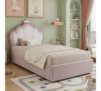 Merax 3Ft Single Bed 90X190 Cm, Velvet Upholstered Hydraulic Storage Bed With Crown Headboard, Pink