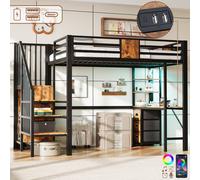 Merax 3FT Single Metal High Sleeper Loft Bed Frame with Staircase, Desk &LED in Black Merax Black Single