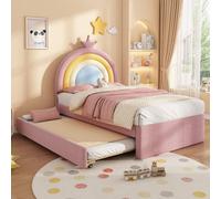Merax 3Ft Single Upholstered Bed 90 X 190 Cm, Velvet Rainbow Headboard, Pull-Out Trundle, Adjustable Crown, Pink