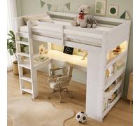 Merax 3ft Single White Wooden Loft High Sleeper Bed with Desk & Charging Merax White Single