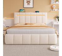 Merax Boucle Upholstered Ottoman Storage Bed with LED & Charging Station in Beige | Size: Double Merax Beige Double