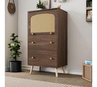 Merax Chest of Drawers with 2 Drawers and 1 Upward Flip Door, Rattan Sideboard Storage Cabinet, Storage Bookcase Cabinet, Display Organiser Cupboard For Bedroom, Living Room, 60x40x113cm