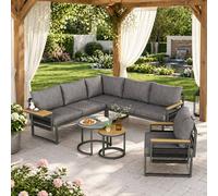 Merax Grey 6 Seater Garden Corner Furniture Sofa Set with Nesting Tables Merax Grey