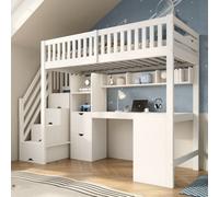 Merax High Sleeper Bed 90 X 190 Cm, 3Ft Single Bed With Corner Desk, Shelves & Staircase Storage, Wooden Loft Bed, White