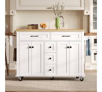 Merax Kitchen Island Trolley with Cabinet, Foldable Countertop & 5 Drawers in White Merax White