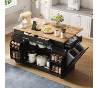 Merax Kitchen Island With Drop Leaf, Rolling Kitchen Trolley With Storage, Spice & Towel Rack, Trash Bin & Power Outlet, Black