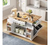 Merax Kitchen Island With Drop Leaf, Rolling Kitchen Trolley With Storage, Spice & Towel Rack, Trash Bin & Power Outlet, White