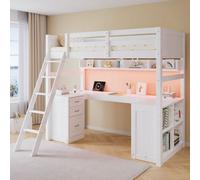 Merax Loft Bed 3Ft Single 90X190Cm, Wooden High Sleeper With Desk, Led Lights, Charging Ports, 3 Storage Drawers, White