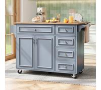 Merax Mobile Kitchen Island Serving Trolley with Foldable Worktop &4 Drawers in Blue Merax Blue