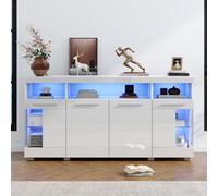 Merax Sideboard 140Cm, High Gloss White Storage Cabinet With Led Lighting, Tempered Glass Display Shelves, Buffet, White