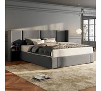 Merax Super King Velvet Ottoman Bed with USB Winged Headboard & Nightstands in Grey Merax Grey Super King