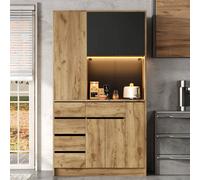 Merax Tall Kitchen Cupboard, Storage Cabinet Unit With 4-Tier Spice Rack, Drawer, Led Lighting, Power Outlet, Black & Natural