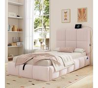 Merax Velvet 3ft Single Ottoman Bed with Tufted Headboard & USB Port in Pink Merax Pink Single