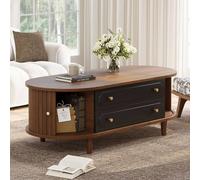 Merax Walnut & Black Oval Coffee Table with Two Drawers & Roll Up Doors Merax Walnut
