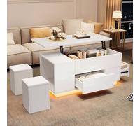 Merax White High Gloss Lift Top LED Coffee Table with 2 Storage Stools Merax White