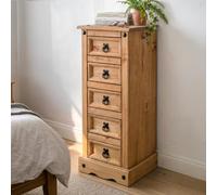 Mercers Furniture Corona Narrow 5 Drawer Chest Bedside Cabinet Table Night Stand Tall Slim Side End Lamp Unit Drawers Bedroom Mexican Pine Wood Solid Wooden 89cm High. 35cm Wide. 33cm Deep.