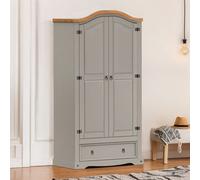 Mercers Furniture Corona Grey 2 Door 1 Drawer Wardrobe Double Robe Bedroom Solid Wood Mexican Pine Wooden