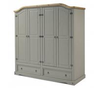 Mercers Furniture Corona Grey 4 Door 2 Drawer Arch Top Wardrobe Solid Wood Pine Wooden Large Robe With Mexican Styling