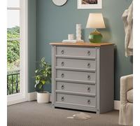 Mercers Furniture Corona Grey Wax Small 5 Drawer Chest Solid Wood Pine Wooden Bedroom Storage Drawers Shabby Chic Mexican Style 89cm High 80cm Wide 41cm Deep