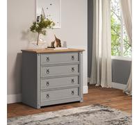Corona Solid Wood Pine Grey Painted Wax Small 4 Drawer Chest Wooden Bedroom Storage Unit Mexican Style Mercers Furniture 73cm High 80cm Wide 41cm Deep